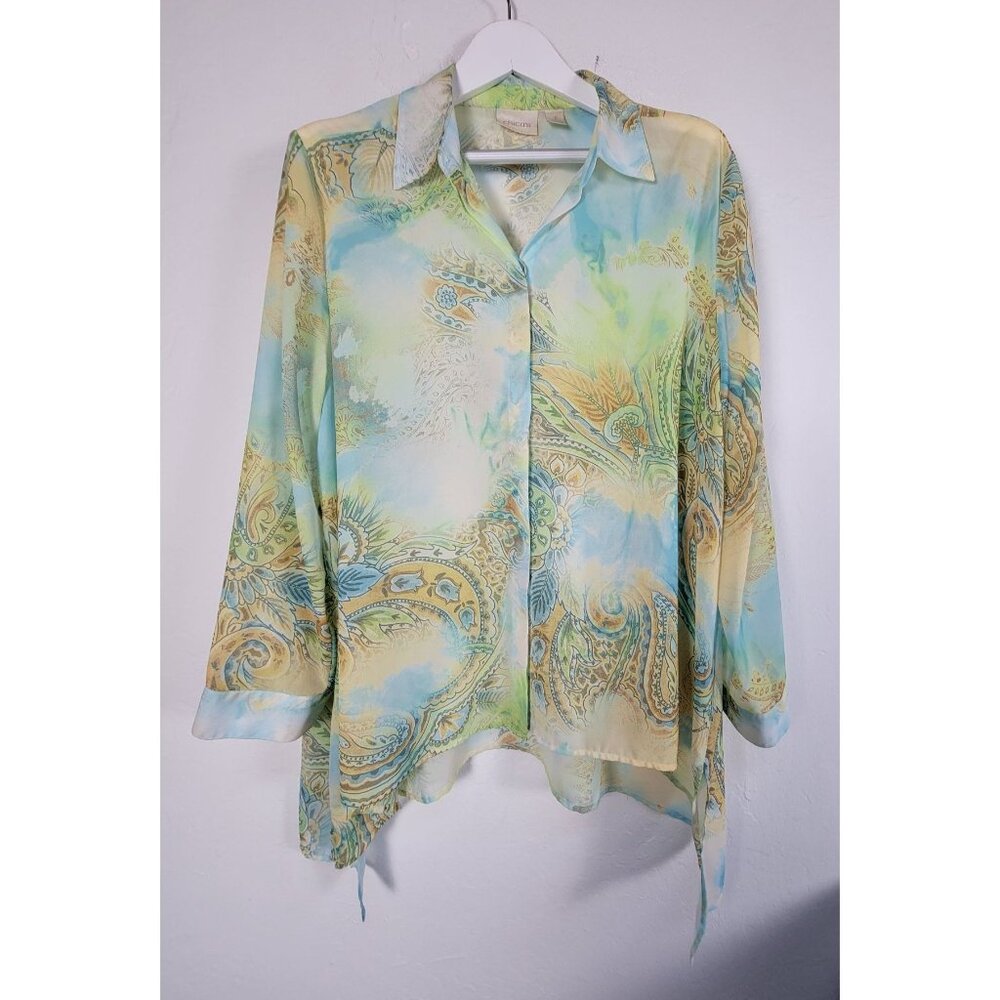Chico's Womens Paisley Button-Down Asymmetrical Hem Blouse Size 3 Blue/Green